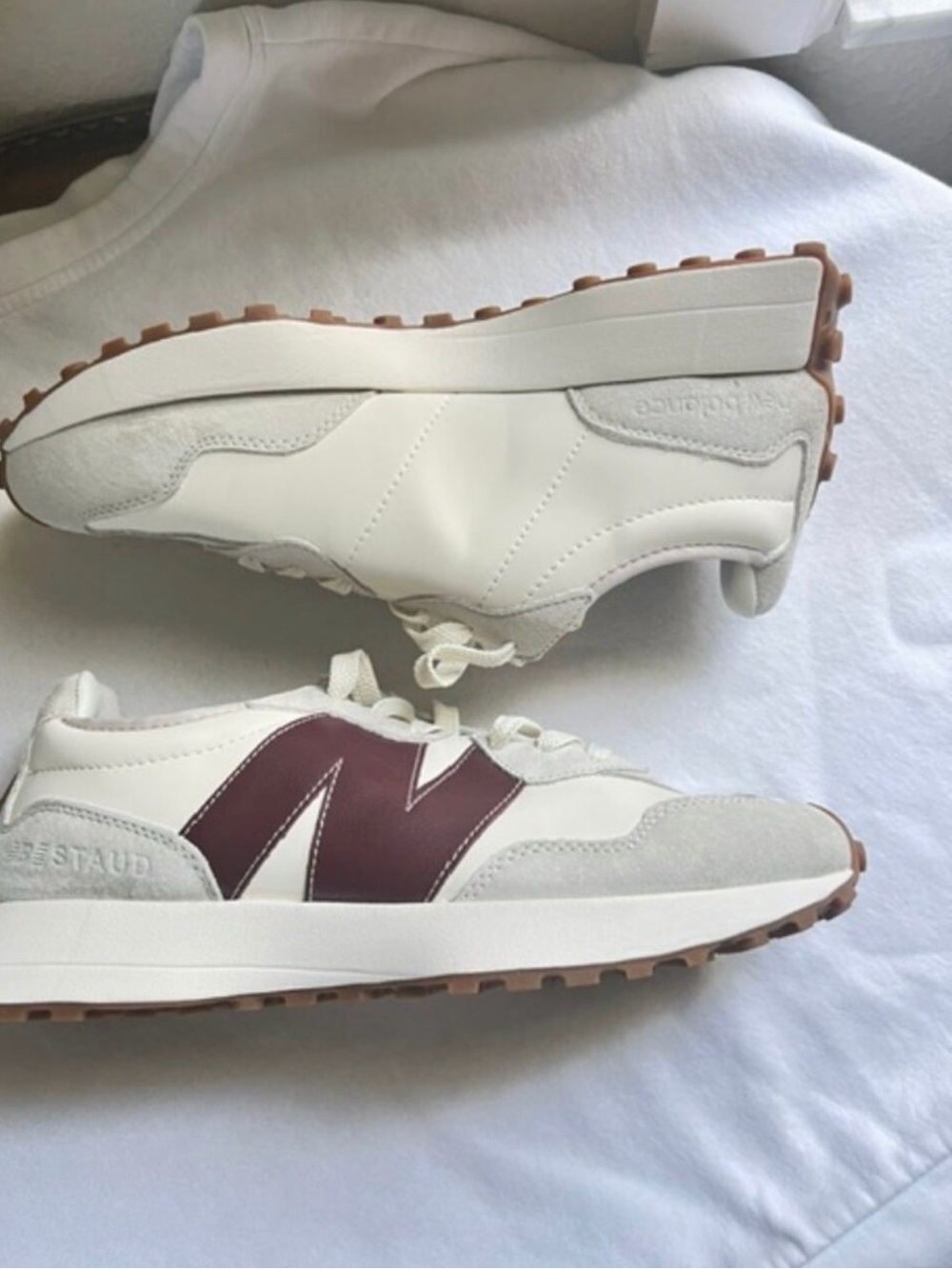 New Balance White Sneakers with Burgundy 'N' Accent